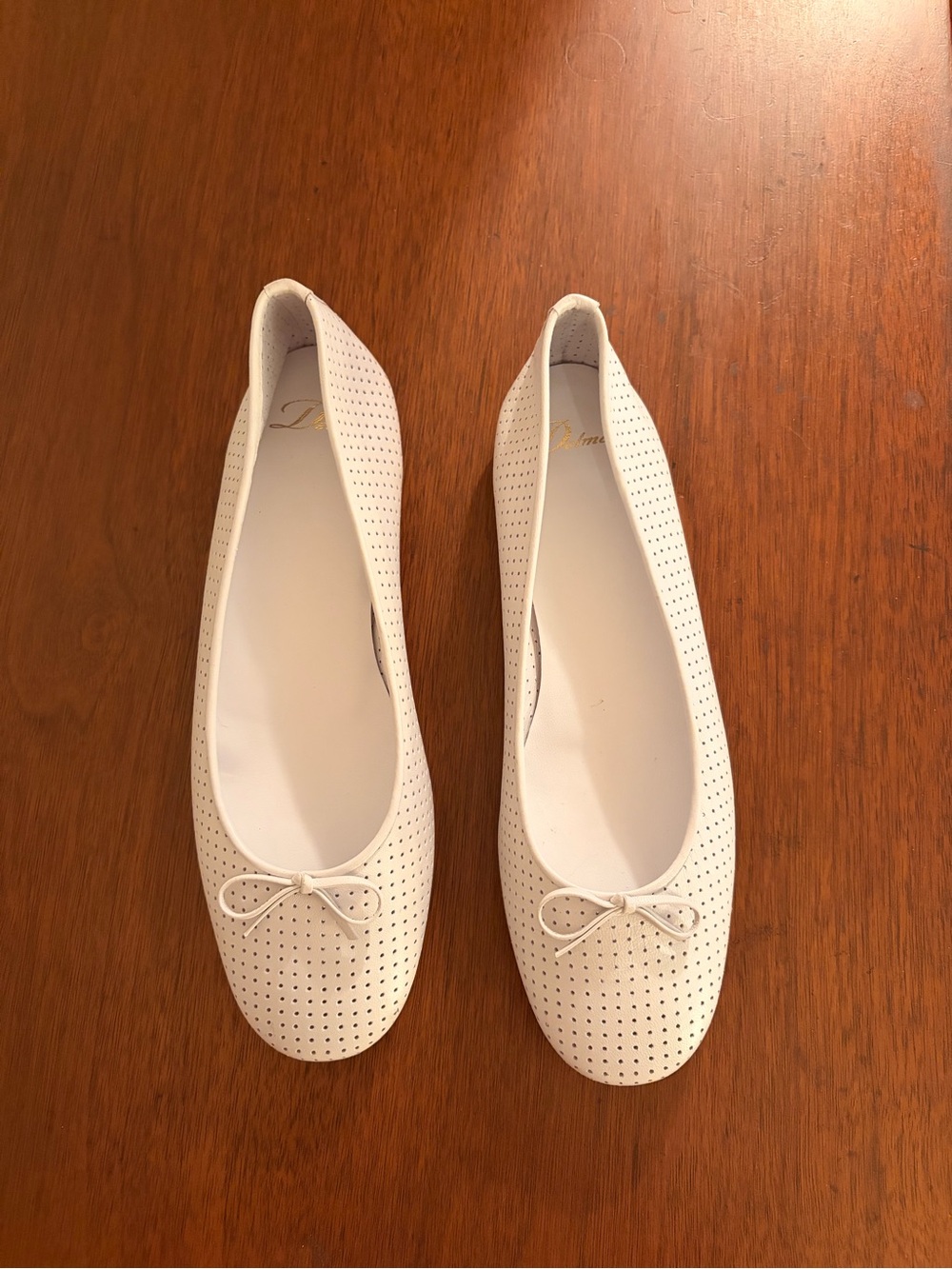 Delman White Perforated Ballet Flats with Bow Trim